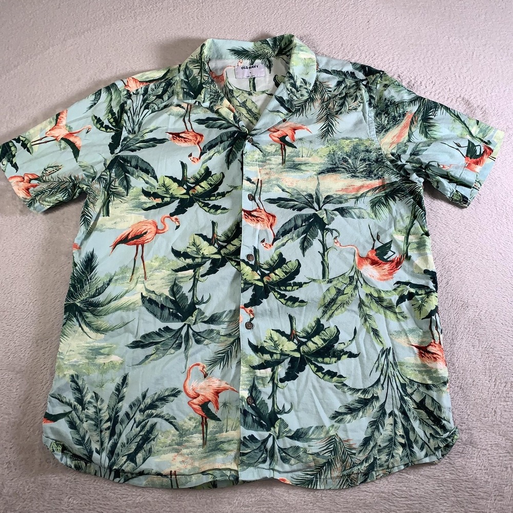 Old Navy Shirt Mens Medium Green Flamingo Tropical‎ Short Sleeve Button Up Aloha